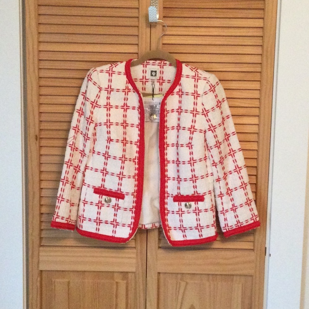 Anne Klein Red and White Tweed Blazer with Structured Shoulders
